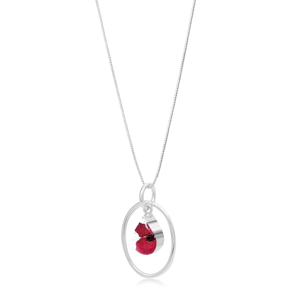 Poppy necklace by Shrieking Violet® Sterling silver teardrop pendant with a mini poppy (Euphorbia Milii) & silver oval hoop.