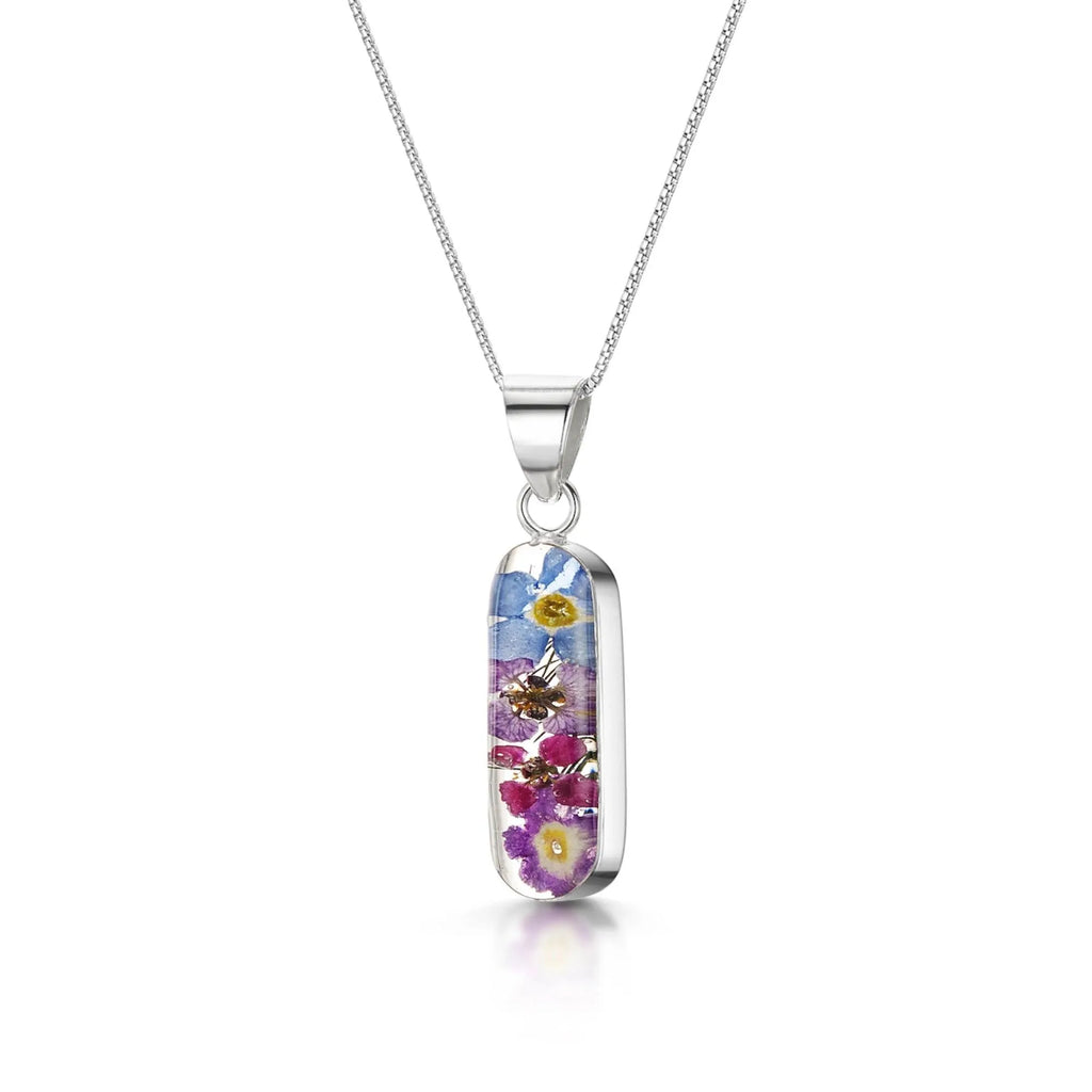 Purple flower necklace 'Leela' vertical bar pendant