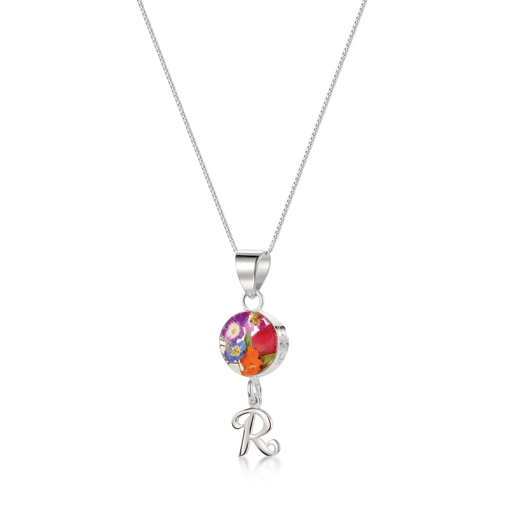 Real flower Pendant Necklace with Initial Charm