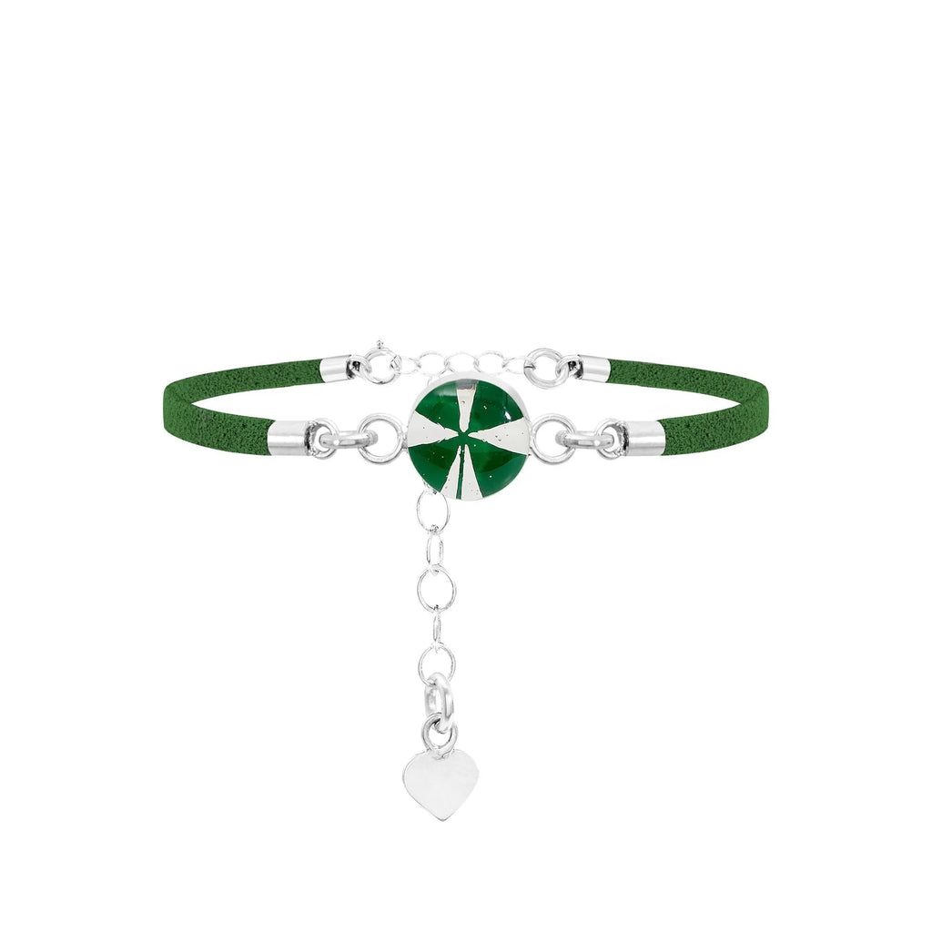 Shrieking Violet Funky Bracelet - Green 'Vegan suede' strap - Four-leaf Clover - Perfect gift for teacher - Sterling silver - One size