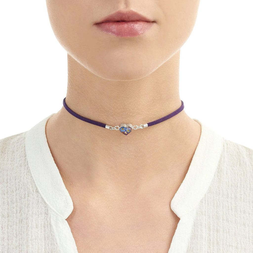 Shrieking Violet Funky Choker Necklace - Dark Purple 'Vegan suede' strap - Purple Haze - Heart - Sterling silver - One size