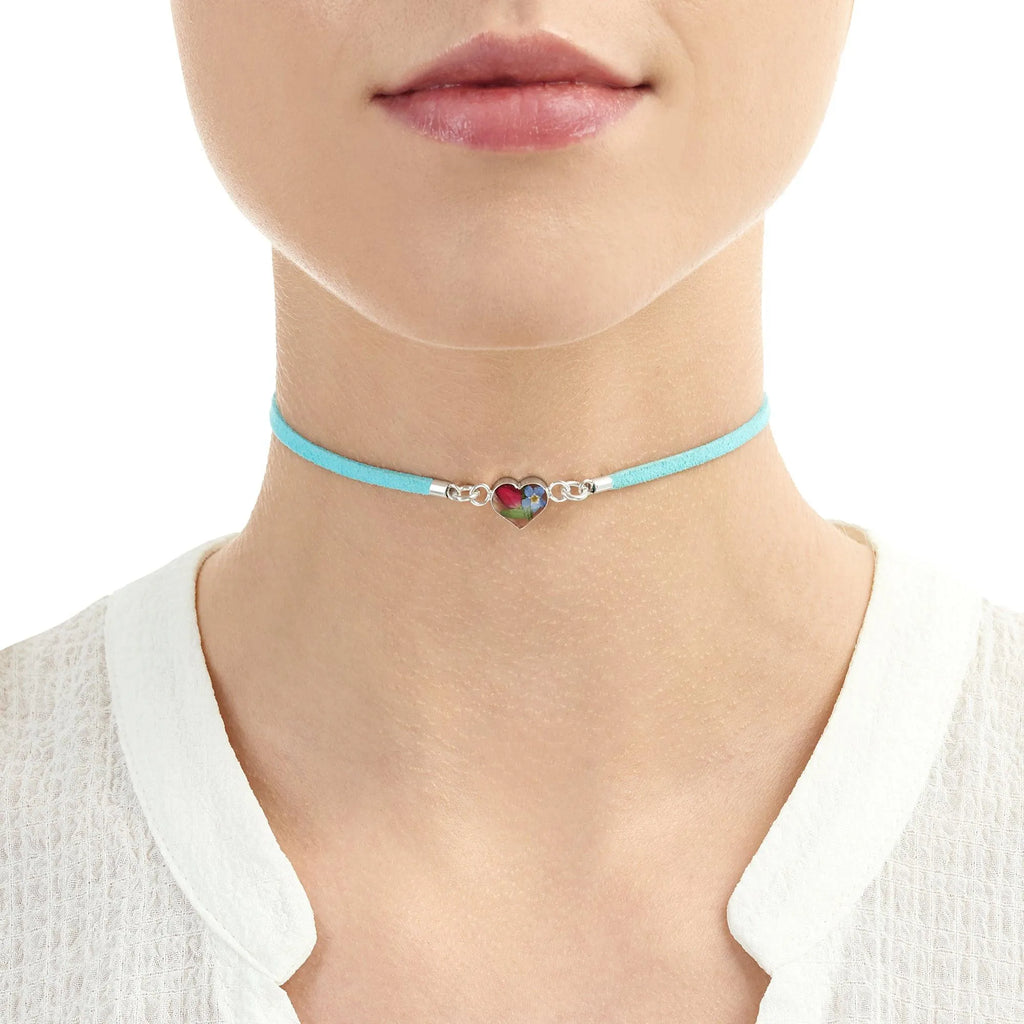 Shrieking Violet Funky Choker Necklace - Light Blue 'Vegan suede' strap - Mixed flowers - Heart - Sterling silver - One size