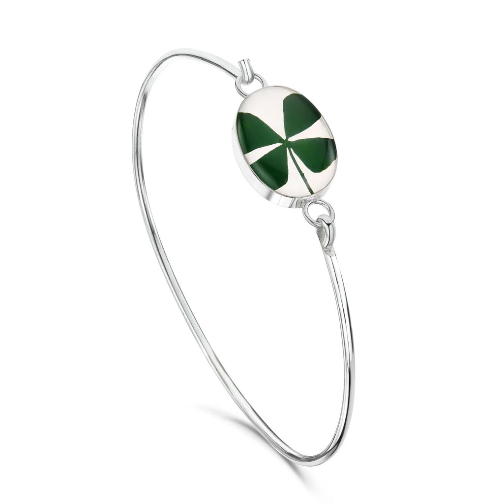 Silver Bangle - Four Leaf Clover - Oval