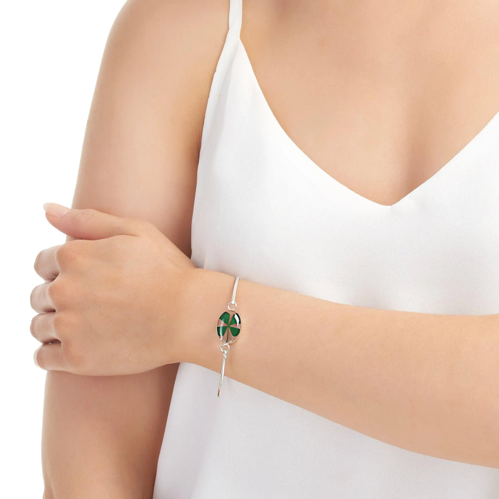 Silver Bangle - Four Leaf Clover - Oval