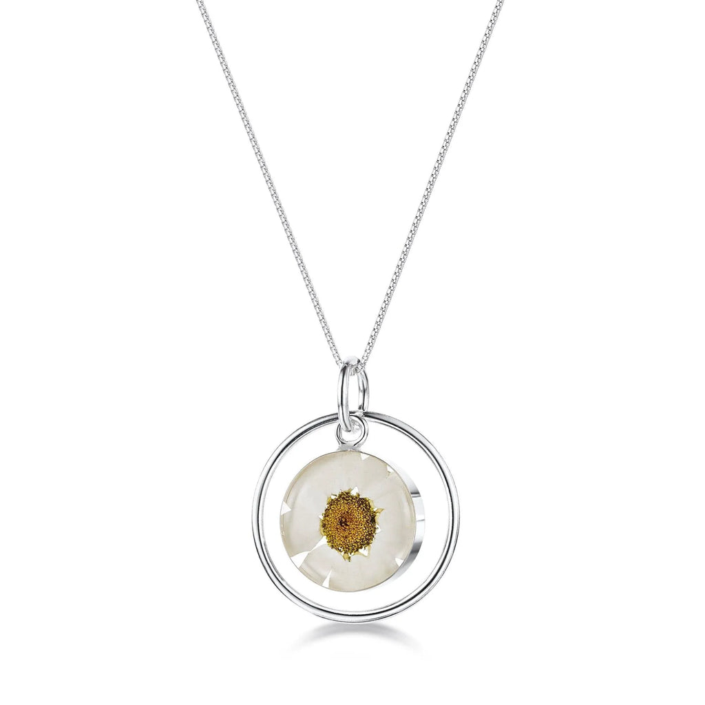 Silver Pendant - Daisy White - with Silver Round Surround