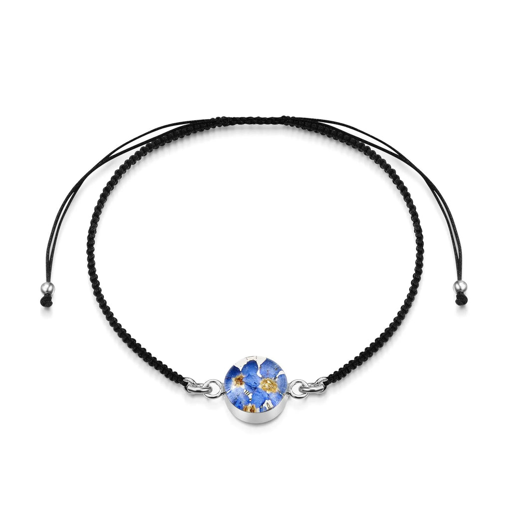 Sterling Silver black woven bracelet with flower charm - Forget-me-not - Round