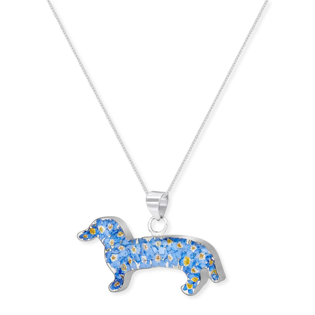 Sterling Silver Dachshund Pendant with Real Forget-Me-Not Flowers by Shrieking Violet