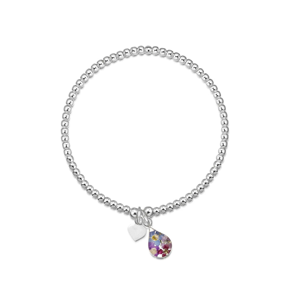 Sterling silver elasticated bead bracelet - Purple haze real flower charm,- Sterling silver heart charm