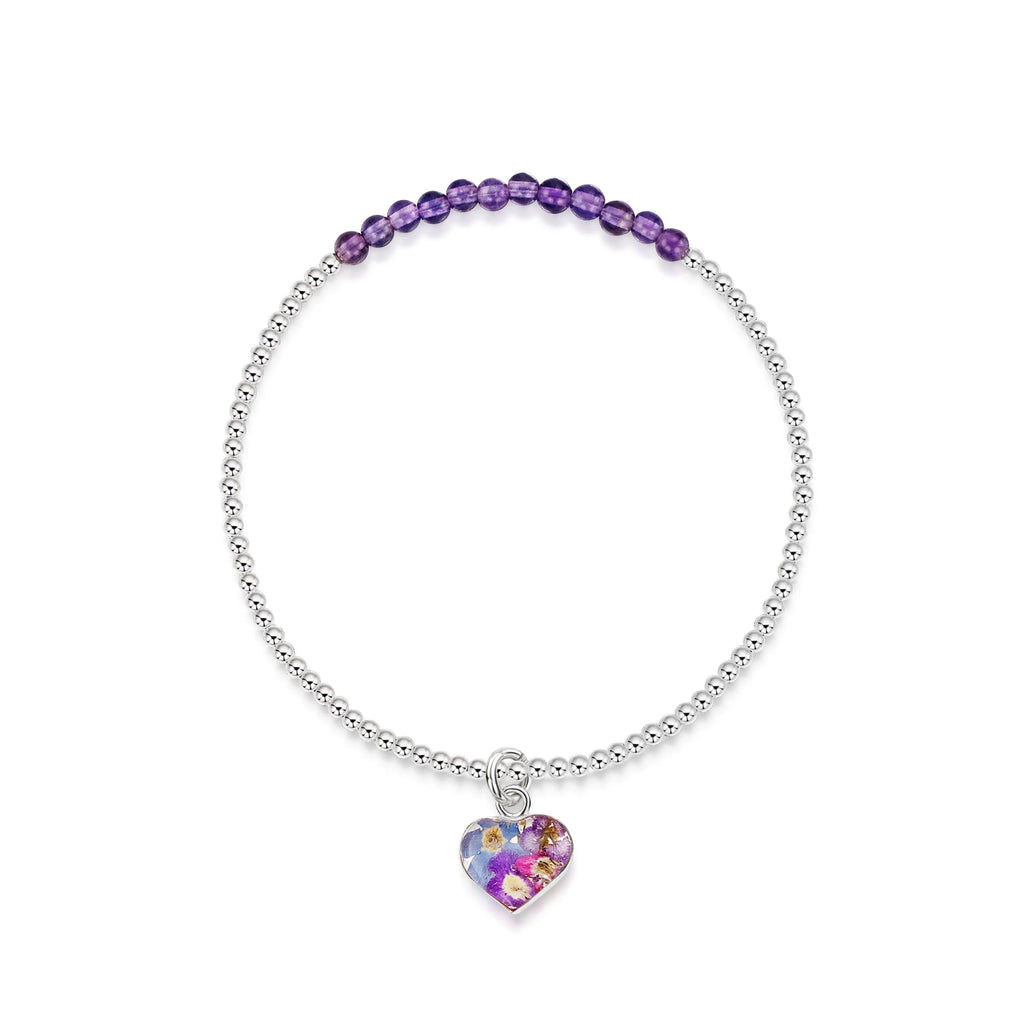 Sterling silver elasticated beaded bracelet - Amethyst stone - Purple haze - Heart