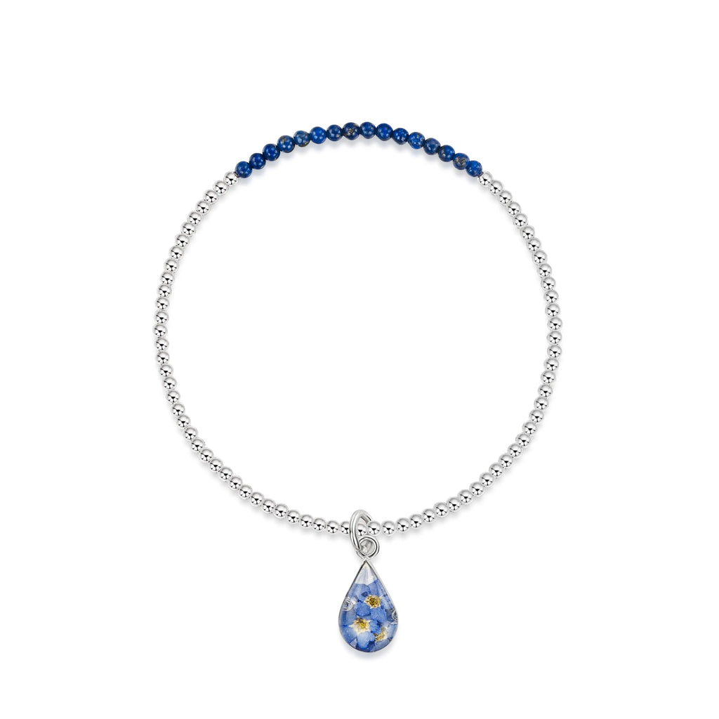 Sterling silver elasticated beaded bracelet - Lapiz stone - Forget-me-not Teardrop