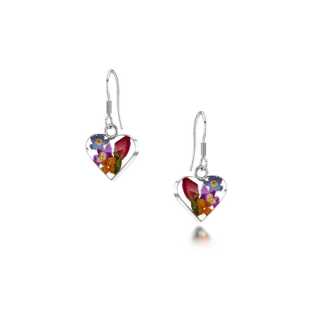 Sterling Silver Heart Shaped Earrings with Miniature Flowers - Shrieking Violet®