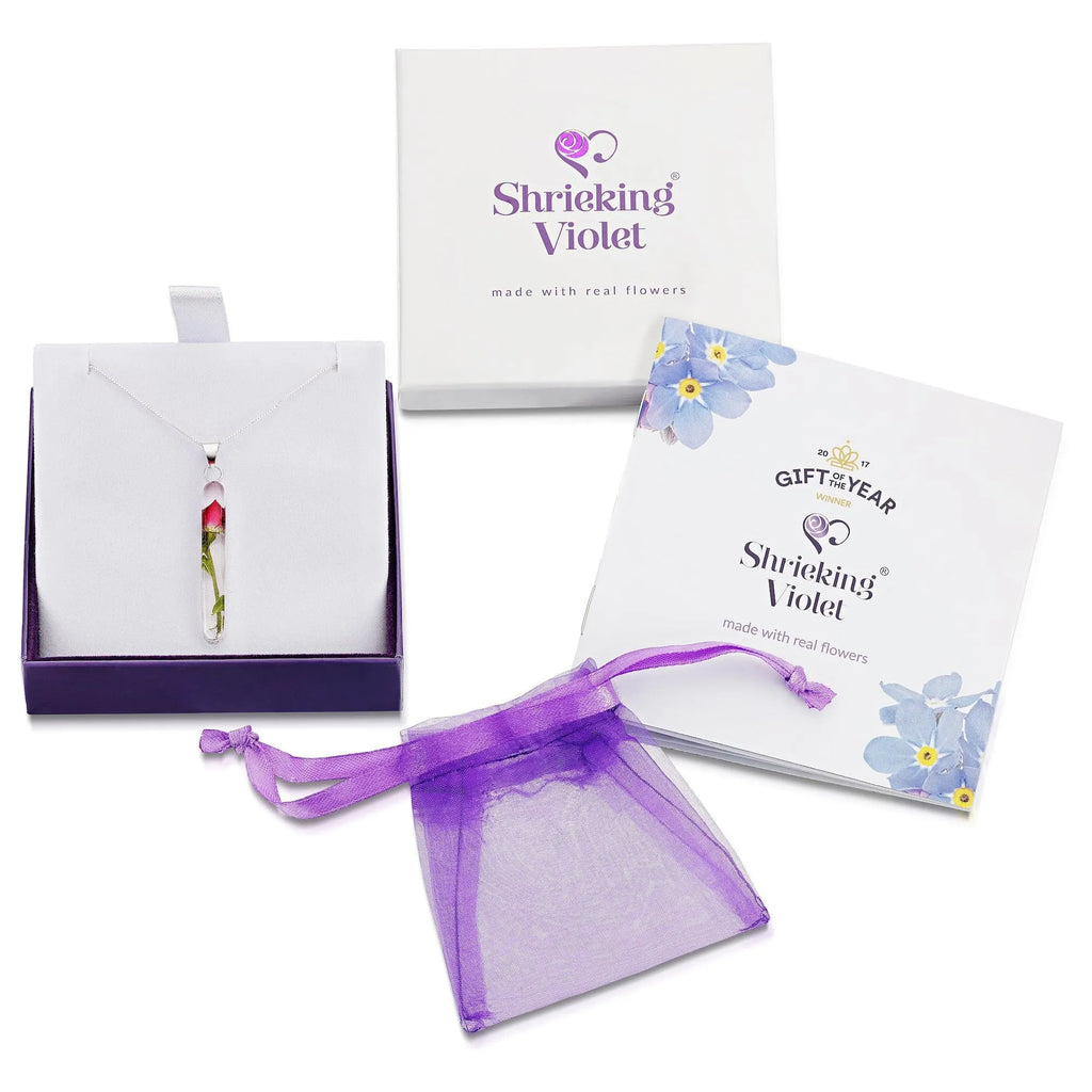 Valentines day gift - Miniature rose necklace by Shrieking Violet® Sterling silver pendant with a real rose stem with giftbox. Valentine jewellery