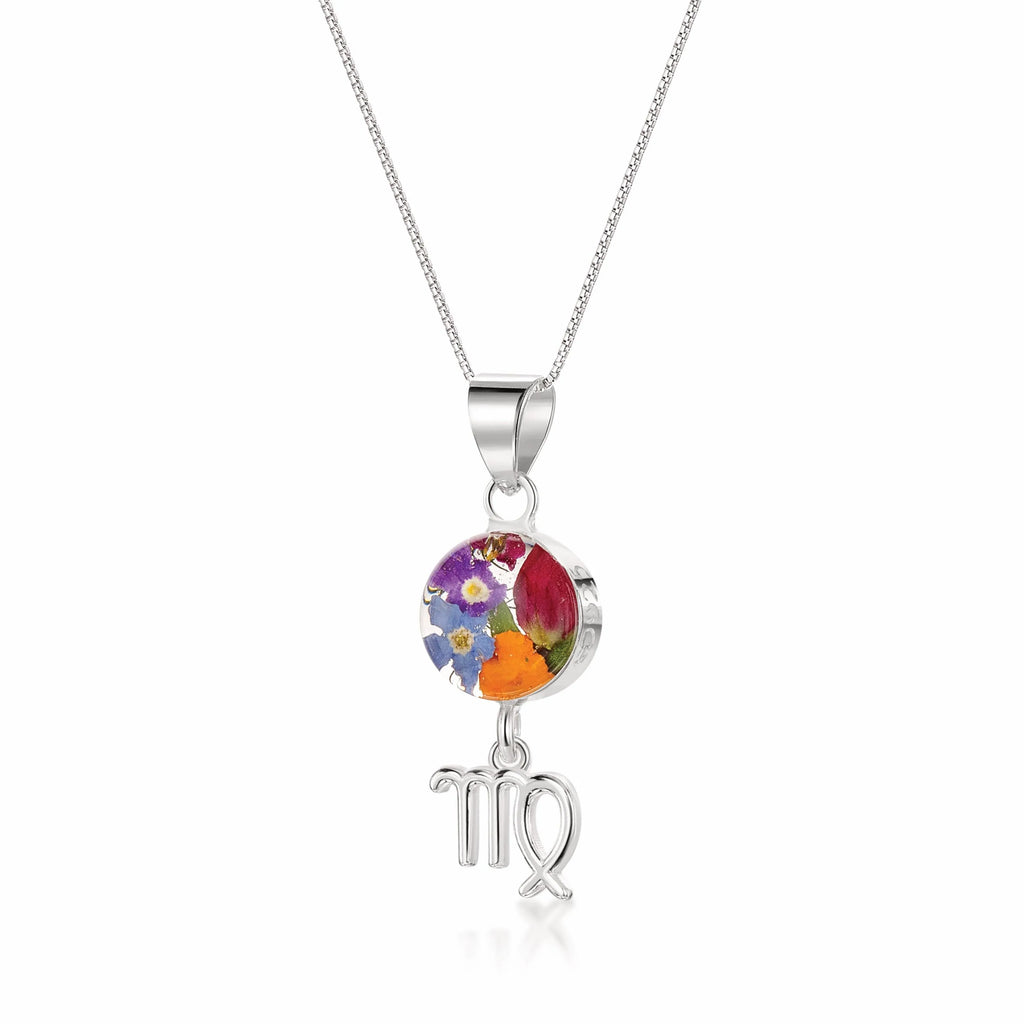 Virgo Necklace - Sterling silver pendant with real flowers & a zodiac charm. More Options...